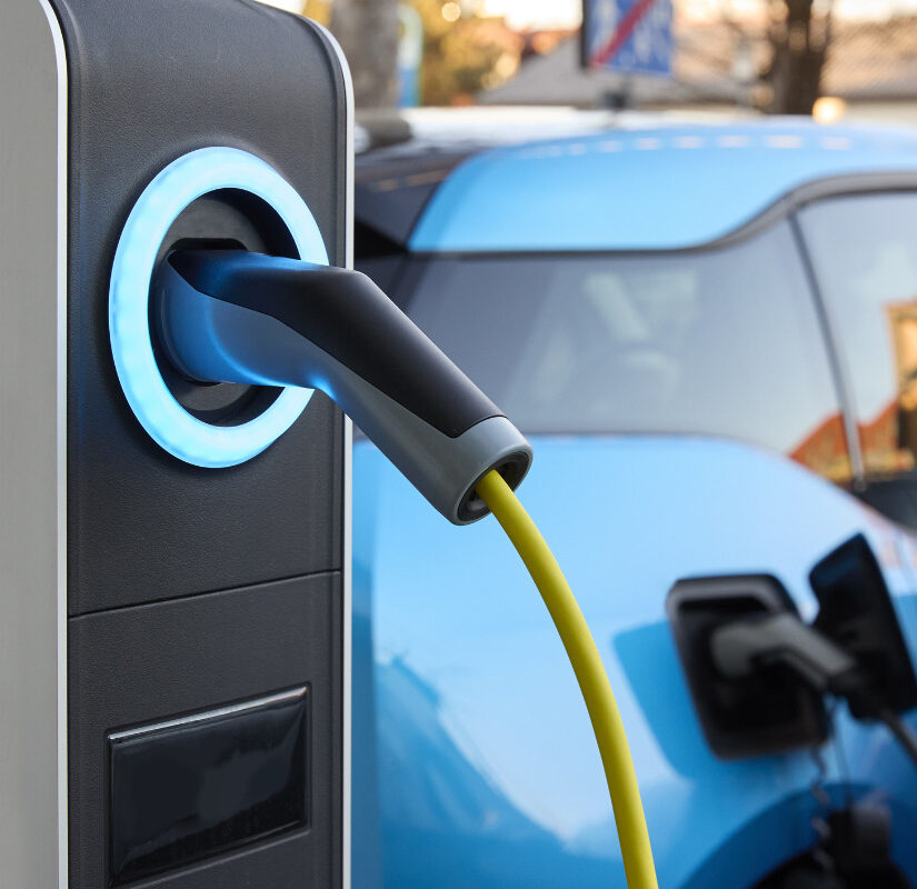 Full frame daylight image with focus of a plug-in electric vehicle charging station in Germany